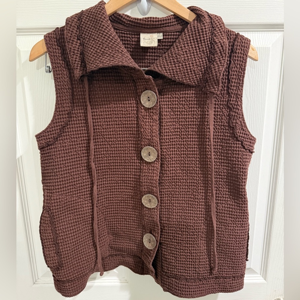 Brown Sleeveless Waffle knit Wood Button-Up Vest Cotton summer festival Size S